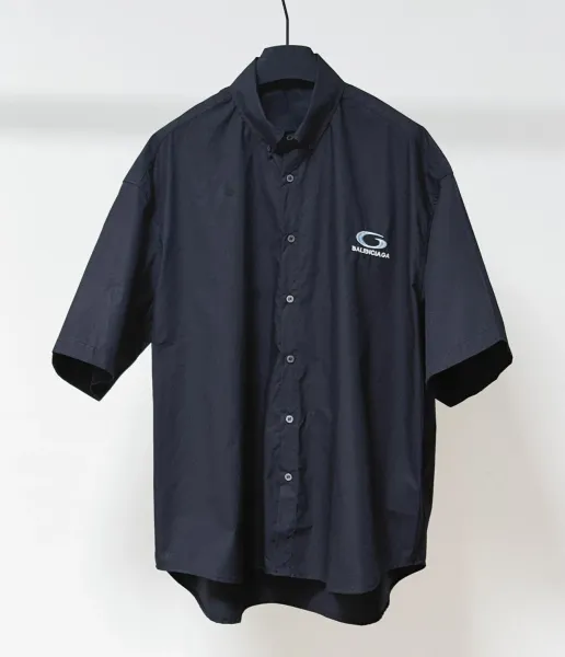 Balenciaga Logo Embroidered Oversized Short-Sleeve Shirt Navy - 1