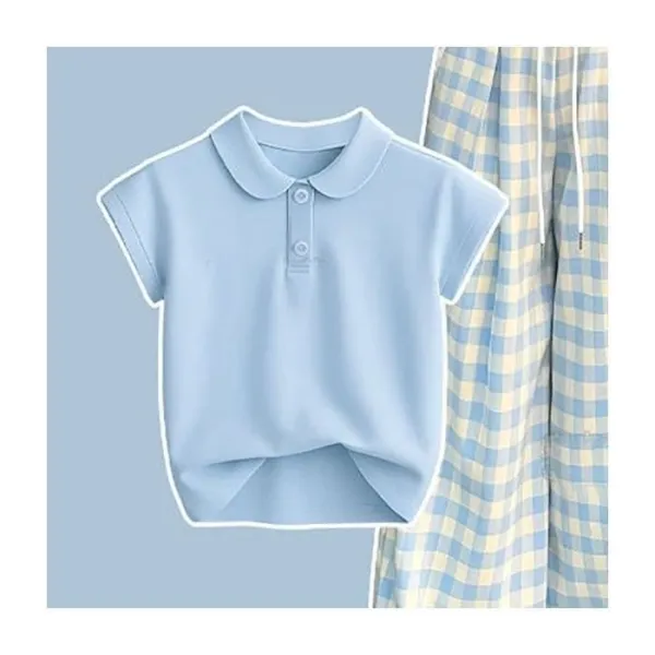 Design Short-Sleeve Collar Polo Shirt in Light Blue with Gingham Pants Set - 7