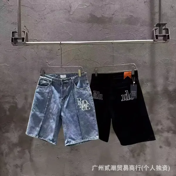 Rhude Logo Embroidered Denim Shorts Blue and Black - 1