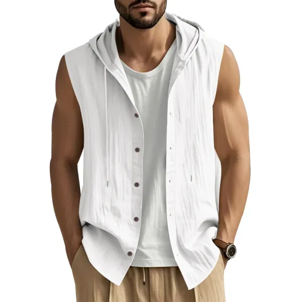 Design Sleeveless Hooded Button-Up Shirt White Tops - 12