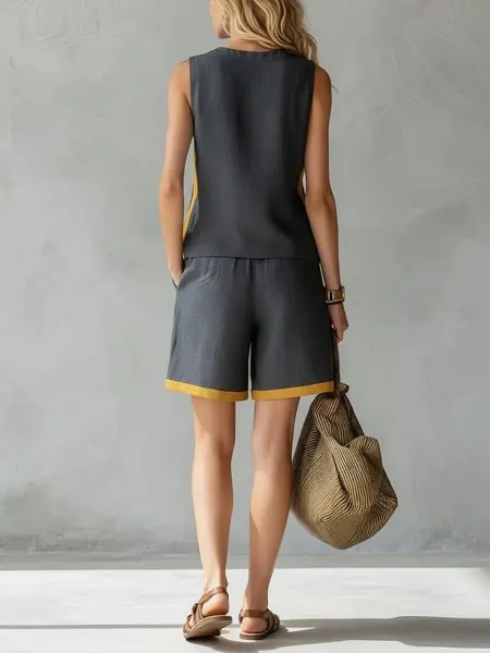Design Two-Tone Green and Yellow Sleeveless Top and Shorts Set - 11