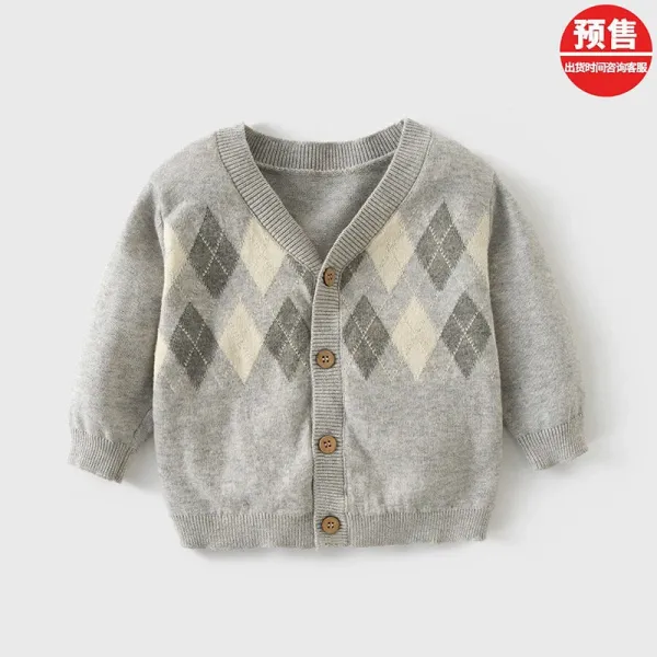 Design Argyle Pattern V-Neck Cardigan Gray Outerwear.cardigan - 1