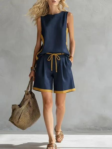 Design Two-Tone Green and Yellow Sleeveless Top and Shorts Set - 13