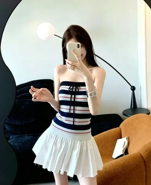 Design Striped Knit Tube Top with Tiered Pleated Skirt Set White / Gray / Red Sets - 6