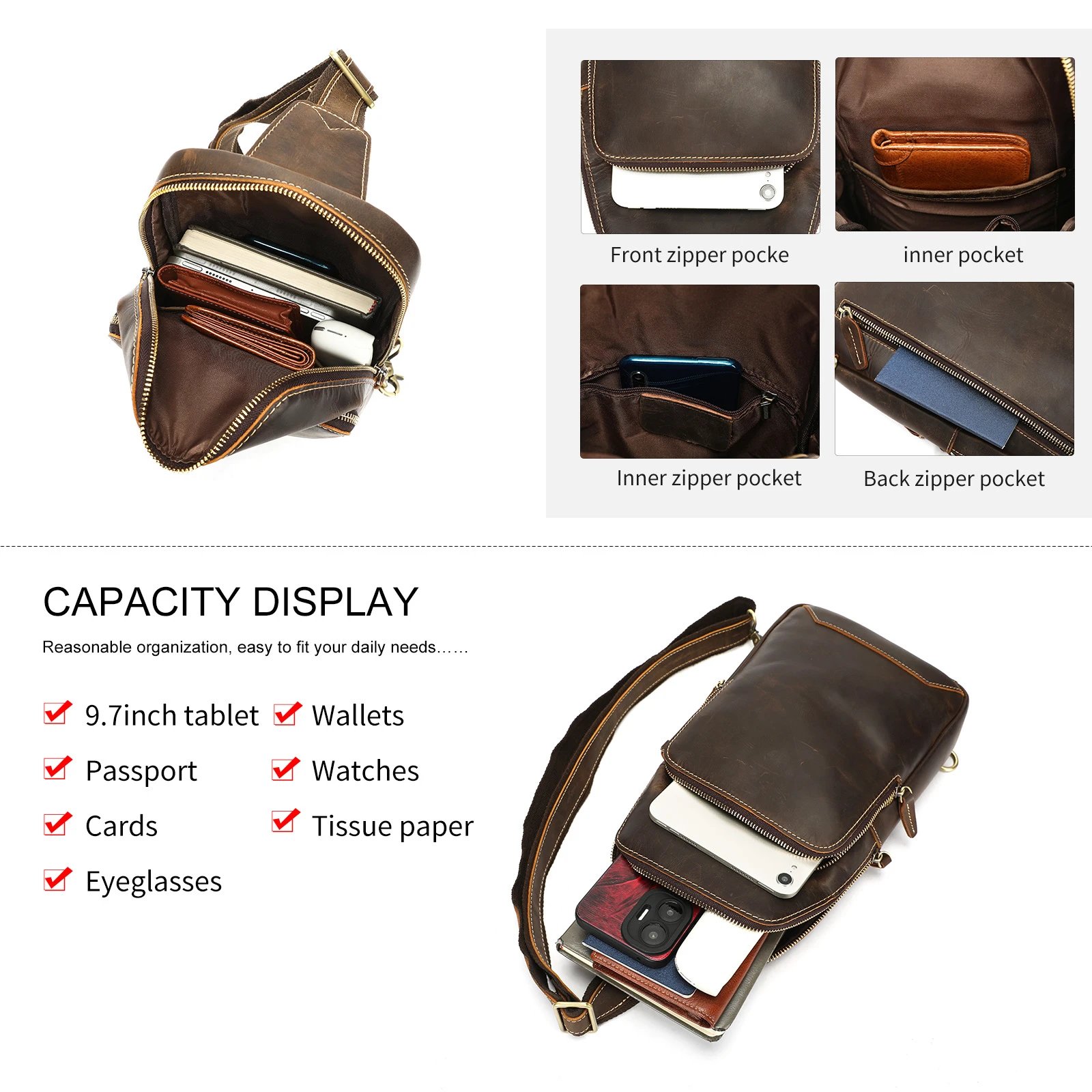 Vintage Leather Sling Bag Brown Distressed Casual