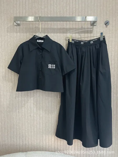Miu Miu Logo-Embroidered Cropped Shirt and Pleated Skirt Set Black - 1