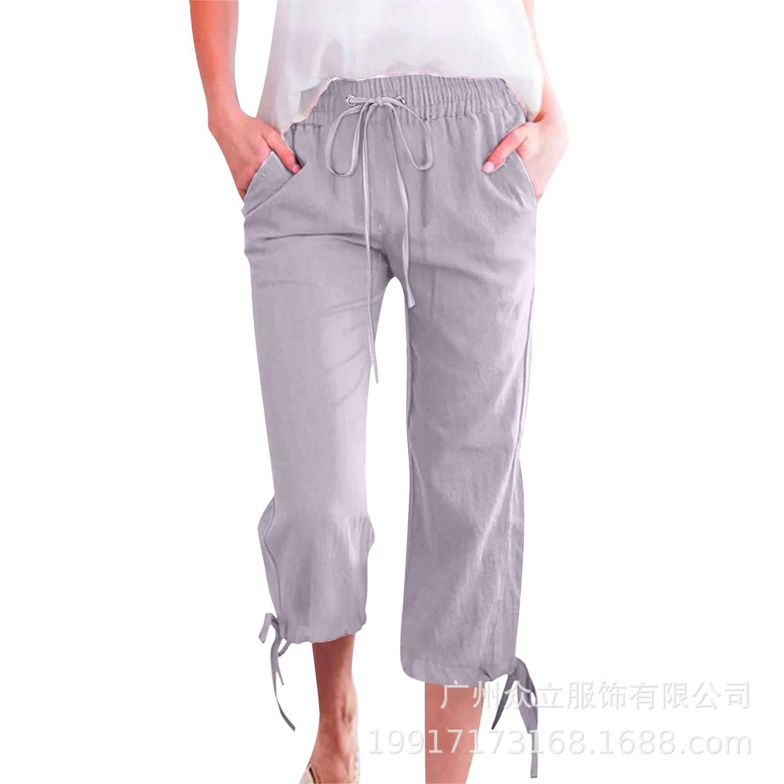 Design Capri Pants with Drawstring Waist and Tie Cuffs Gray