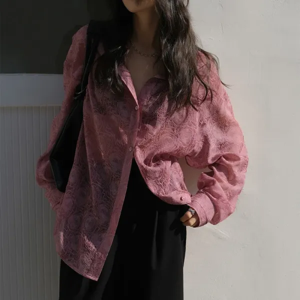 Design Sheer Floral-Print Oversized Shirt Black Tops Shirt - 7