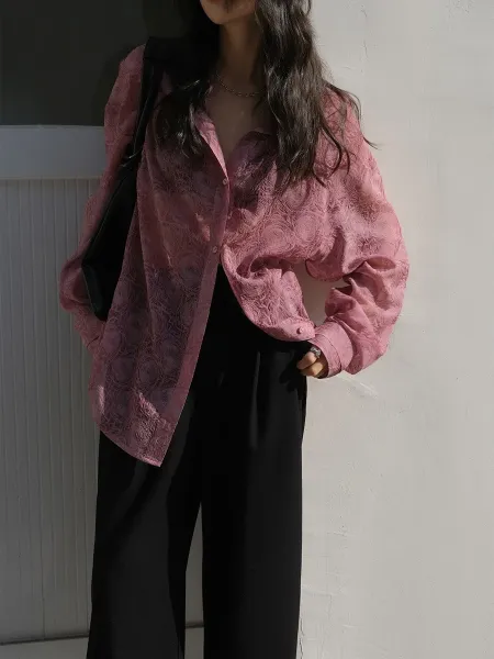 Design Sheer Floral-Print Oversized Shirt Black Tops Shirt - 13