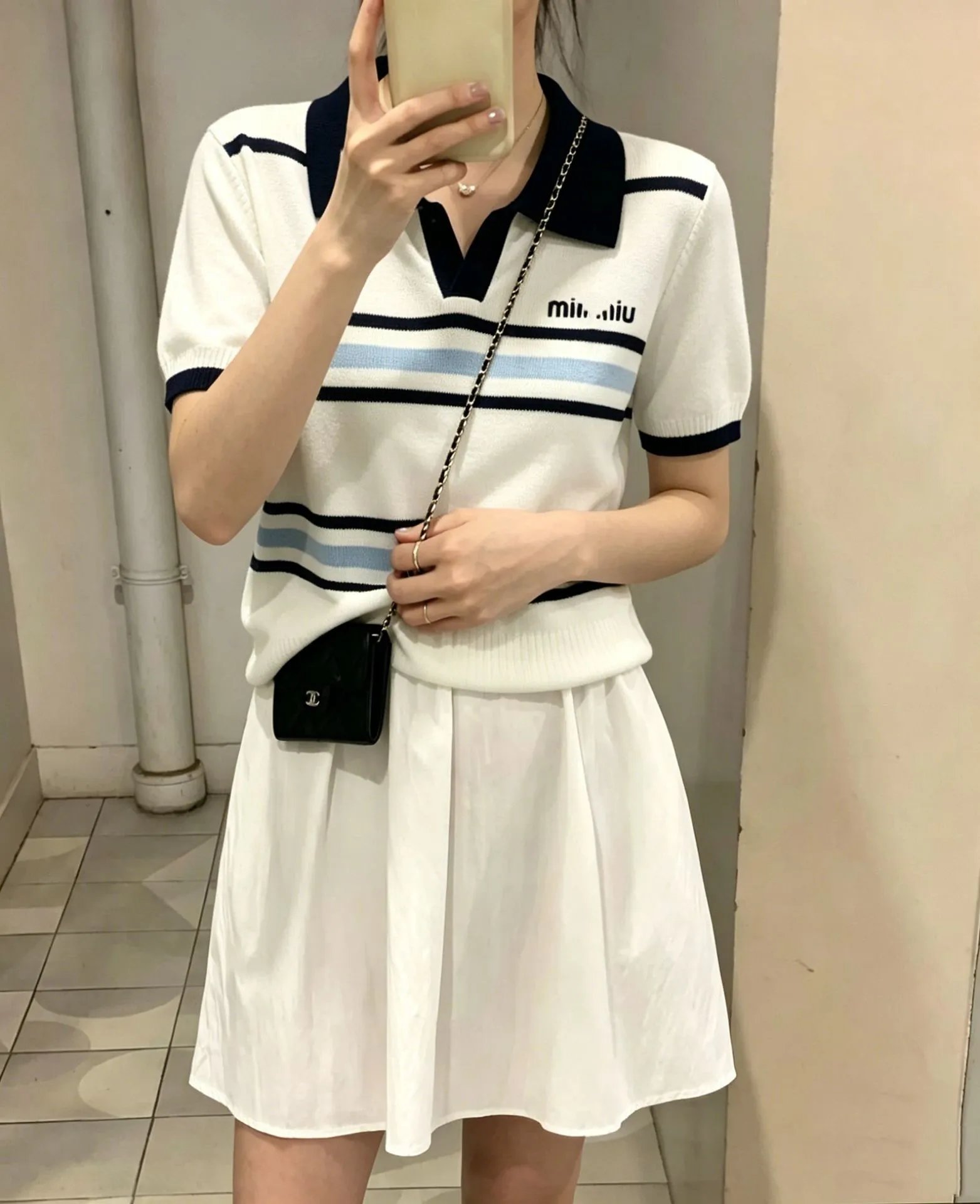 Miu Miu Striped Knit Polo Navy Blue Polo Shirt - 5