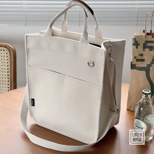 Design Canvas Tote Bag with Front Pockets Beige Handbag Tote Bag - 1