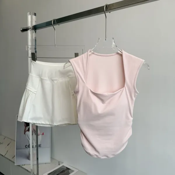 Design Square-Neck Sleeveless Top Beige + Pleated Skort Orange Activewear Set - 3