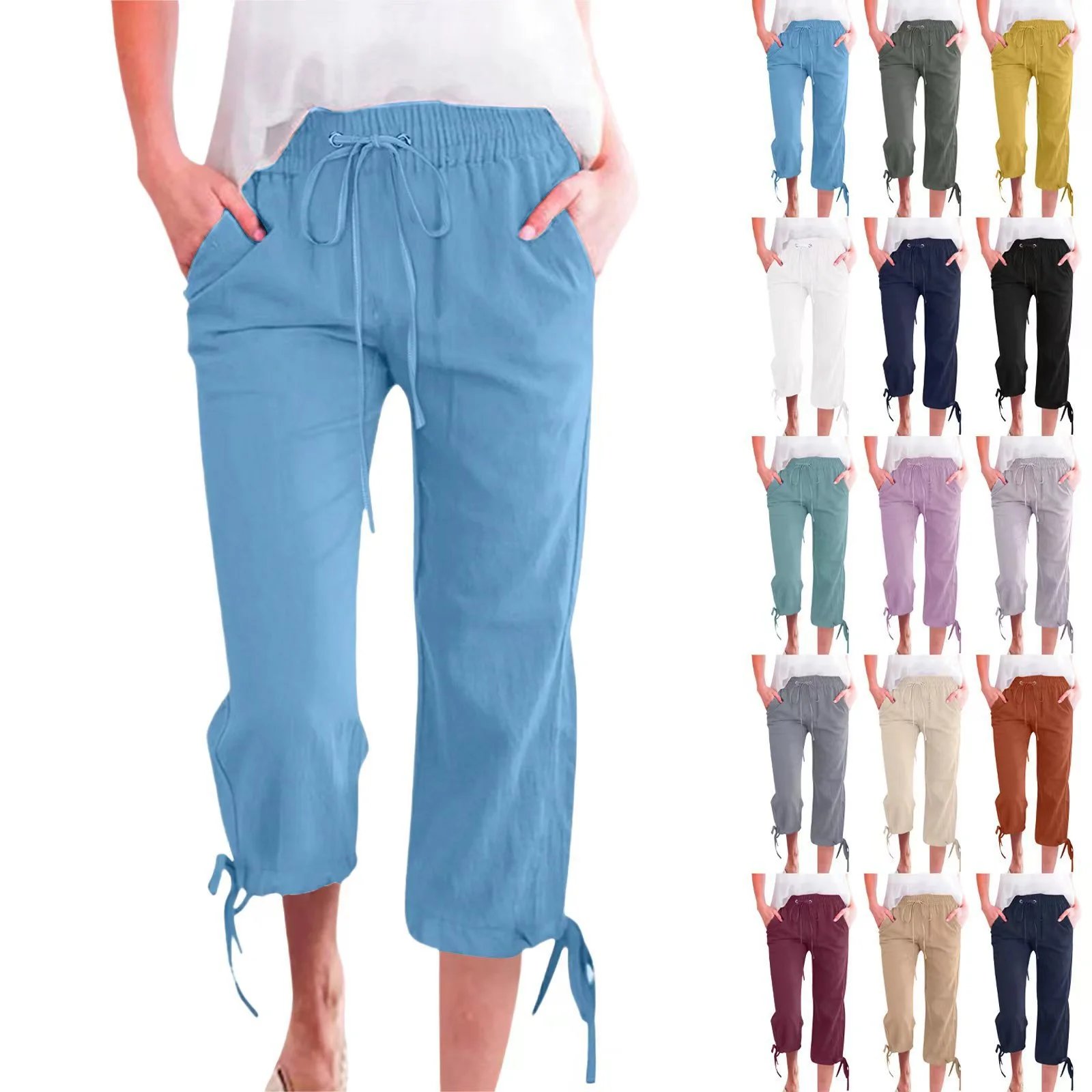 Design Capri Pants Light Blue Drawstring Waist with Cuff Ties - 4