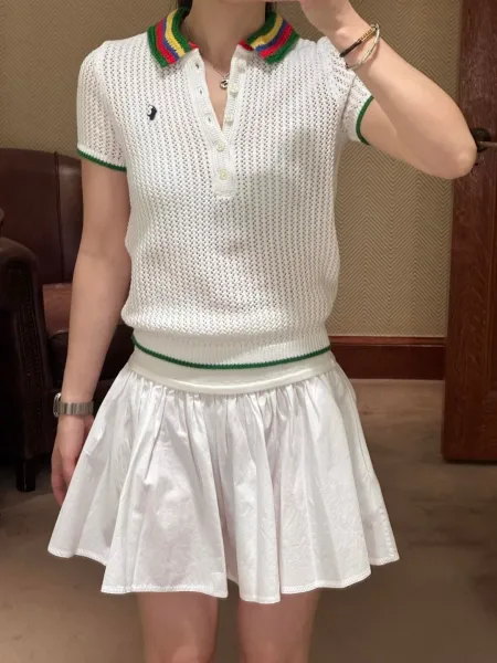 Polo Ralph Lauren Knit Polo Shirt and Pleated Skirt Set White with Rainbow Collar - 4