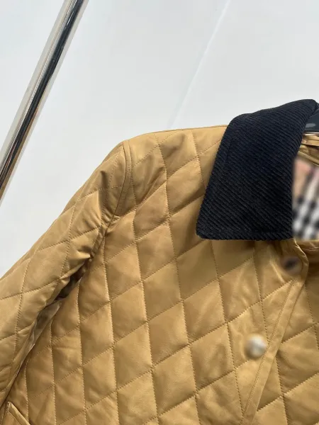 Design Quilted Jacket with Corduroy Collar Beige Outerwear - 12