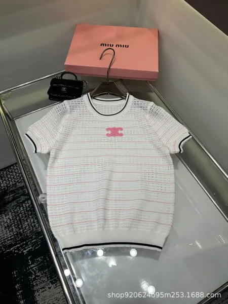 Chanel Pink CC Logo Striped Knit T-Shirt Black - 3
