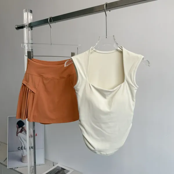 Design Square-Neck Sleeveless Top Beige + Pleated Skort Orange Activewear Set - 8