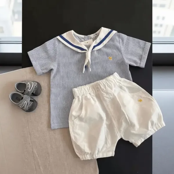 Design Sailor Collar Striped T-Shirt and Cream Shorts Set - 1