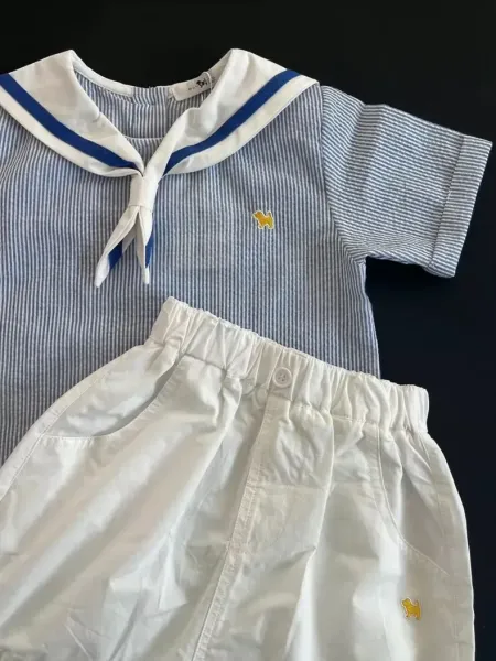 Design Navy Stripe Sailor Collar Top and White Bloomers Set Sets - 5