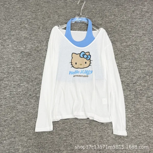Hello Kitty x REYANSTUDIO Graphic Long Sleeve Cami Top Set in White and Blue - 3