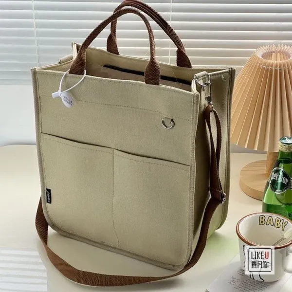 Design Canvas Tote Bag Beige with Brown Straps Handbag - 36