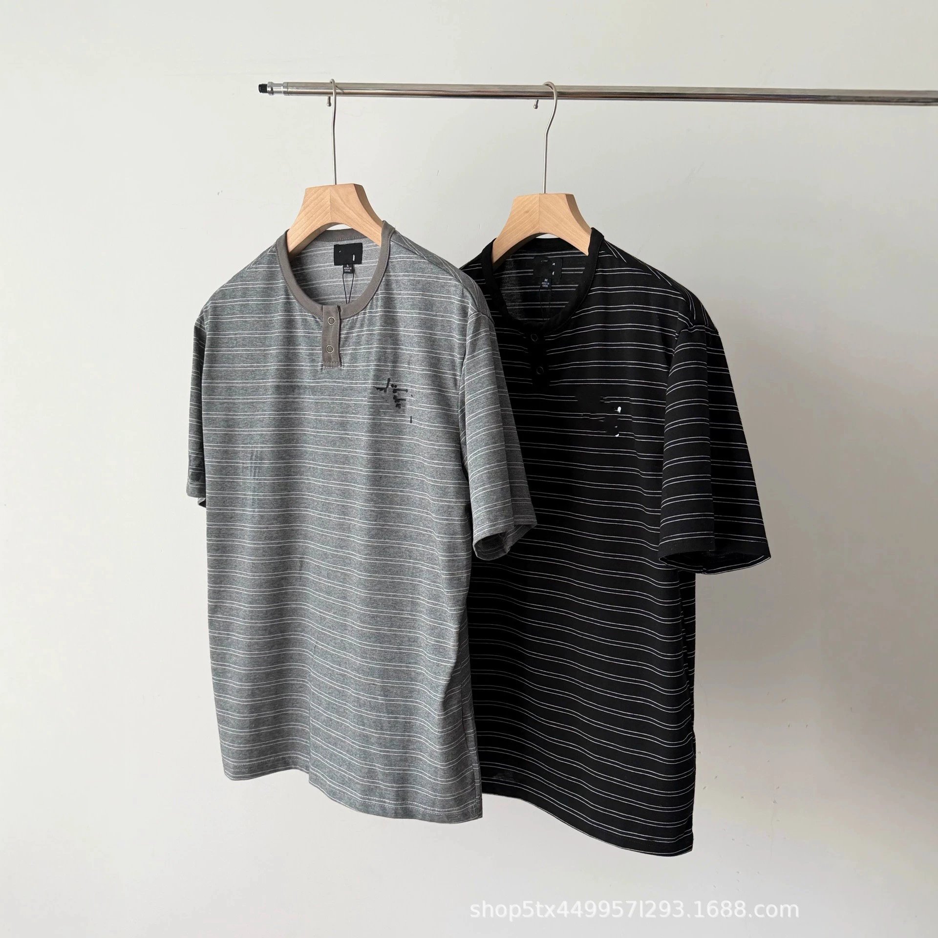 Striped Henley T-Shirt Gray Casual