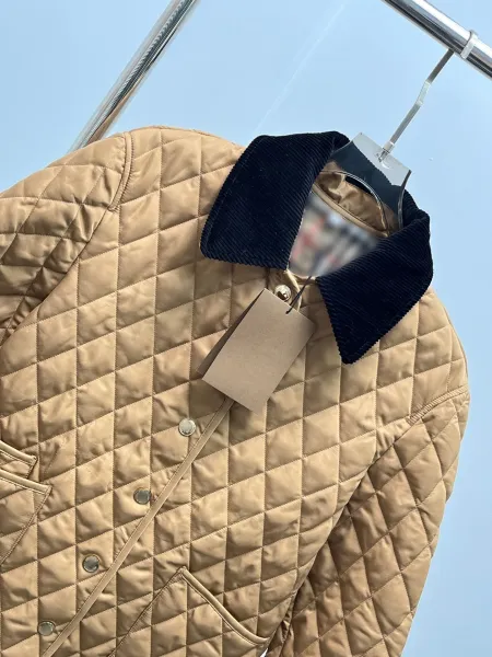 Design Quilted Jacket with Corduroy Collar Beige Outerwear - 20