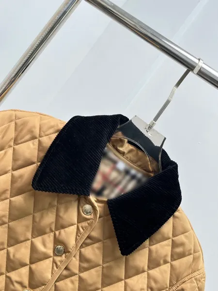 Design Quilted Jacket with Corduroy Collar Beige Outerwear - 21