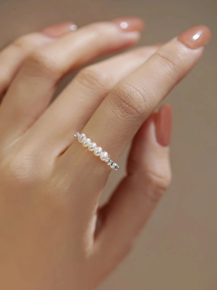 Design Pearl Bead Stack Ring Silver Jewelry - 4