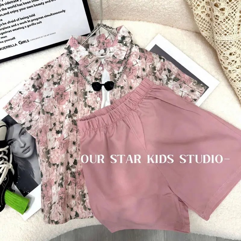 Design LSTAR Studio Floral Print Shirt and Pink Logo Shorts Set Sets - 3