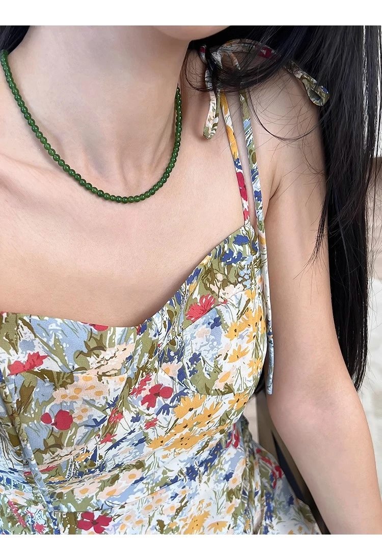 Design Floral Print Square Neck Cami Dress with Jade Bead Necklace Dress - 3