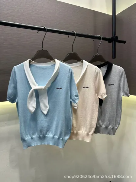 Miu Miu Knit Top with Detachable Bow Collar in Light Blue Sweater - 8