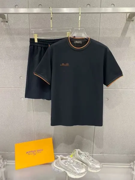 Louis Vuitton Monogram-Embroidered Black T-Shirt and Shorts Set with Silver Chunky Sneakers Casual Set - 1