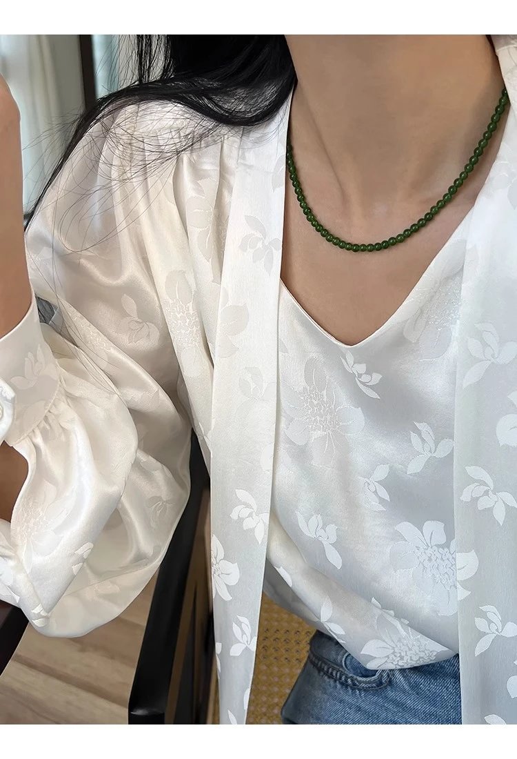 Design Floral Print Square Neck Cami Dress with Jade Bead Necklace Dress - 9