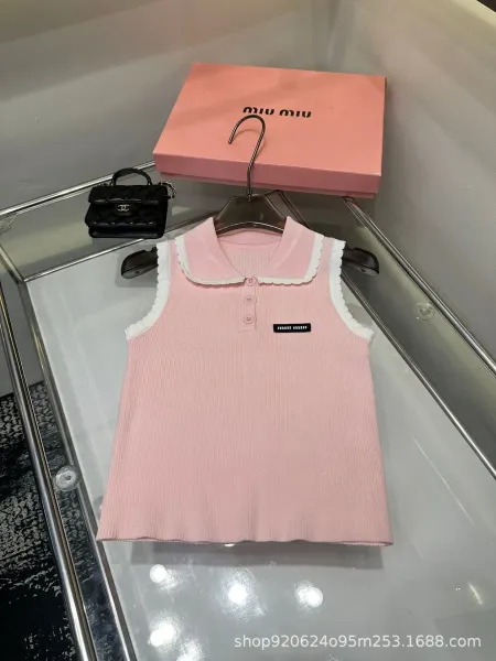 Miu Miu Ribbed Knit Sleeveless Polo Top White with Black Trim - 4