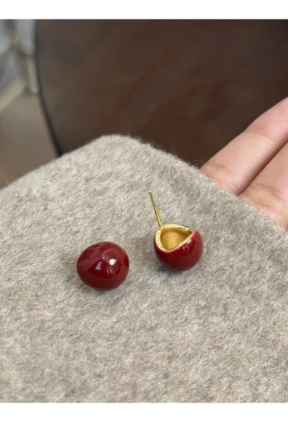 Design Cherry Drop Earrings Red Enamel Gold-Plated Earrings Jewelry - 19
