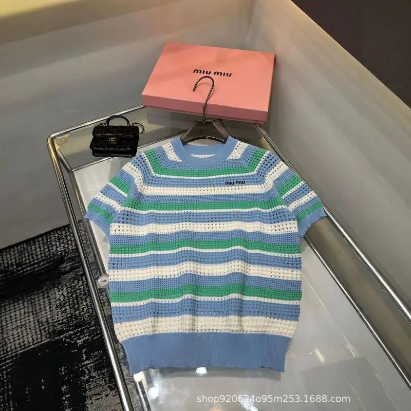 Miu Miu Striped Pink Blue White Crochet Knit Short Sleeve Top