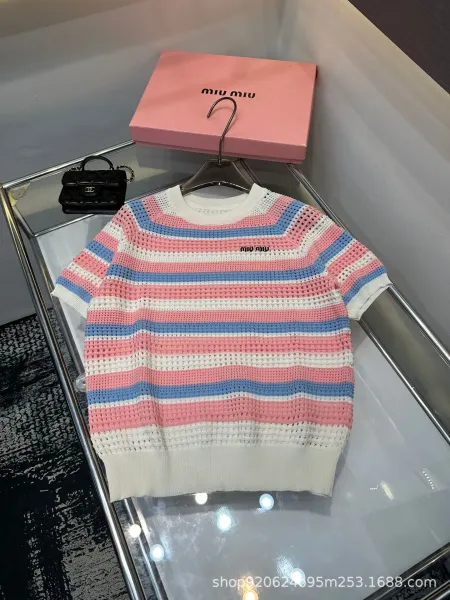 Miu Miu Striped Knit Mesh Top Pink Blue White Sweater - 1
