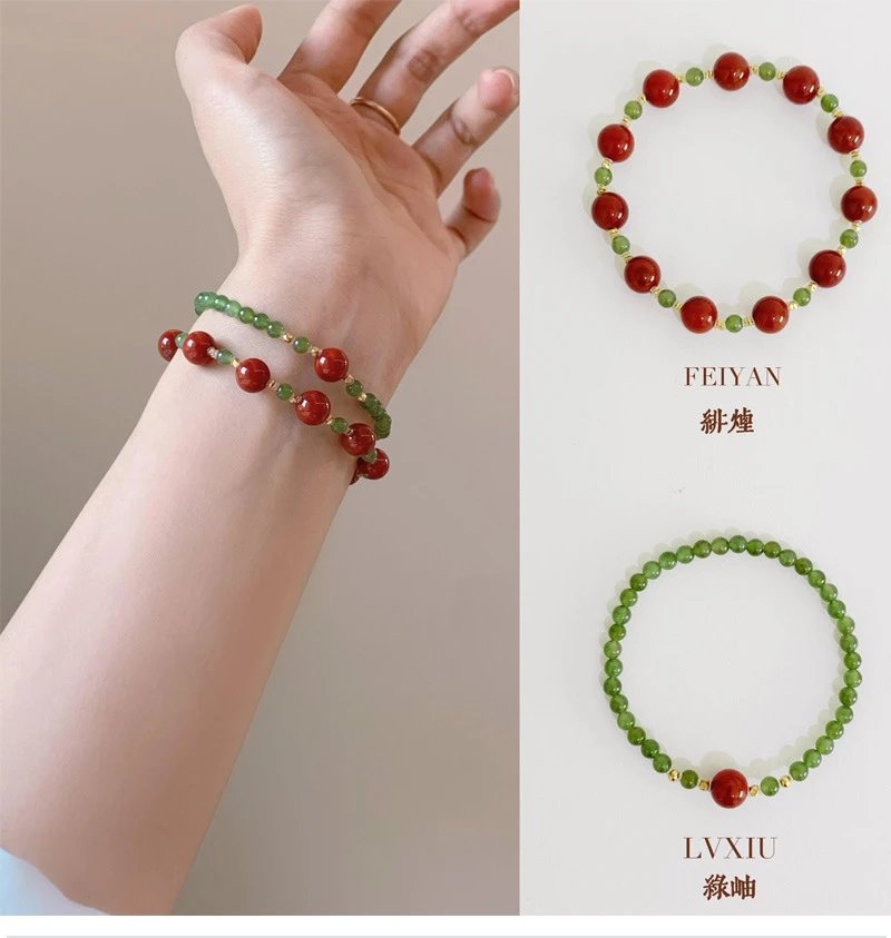 Design Green Jade Bead Bracelet with Red Agate Center Stone Jewelry - 2