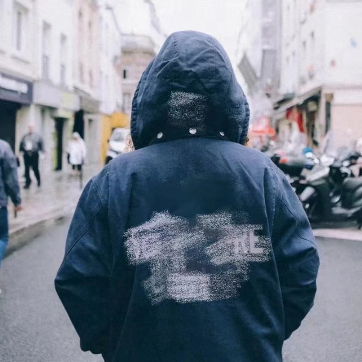 Navy Blue Hooded Utility Jacket with Contrast Collar and Patch Pocket