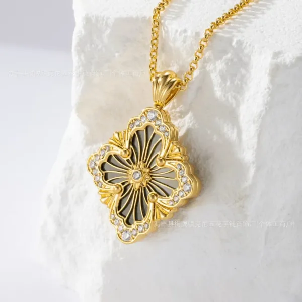 Design Floral Locket Pendant Necklace in Gold with Crystal Accents Jewelry - 1