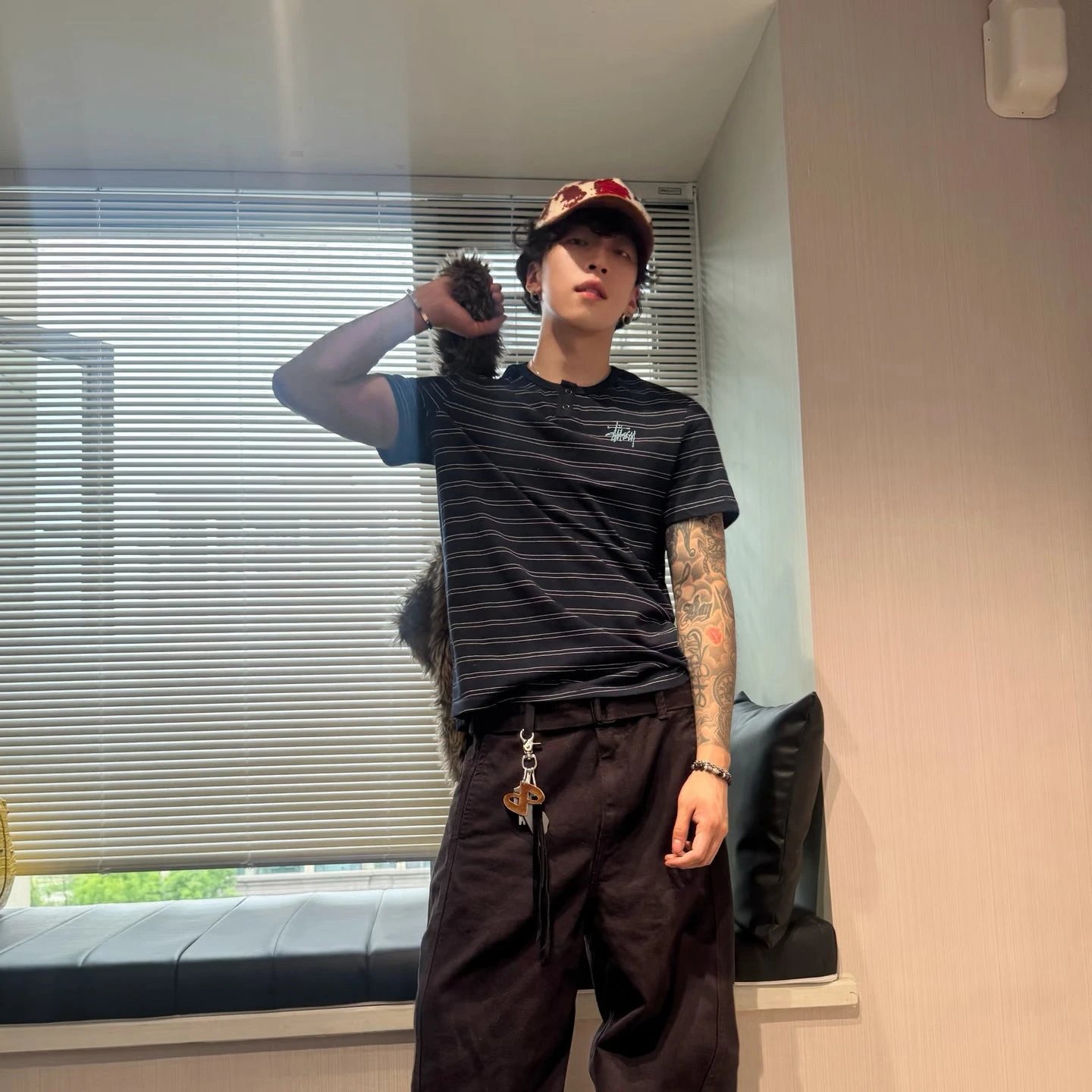 Stussy Striped Gray Henley Short Sleeve T-Shirt