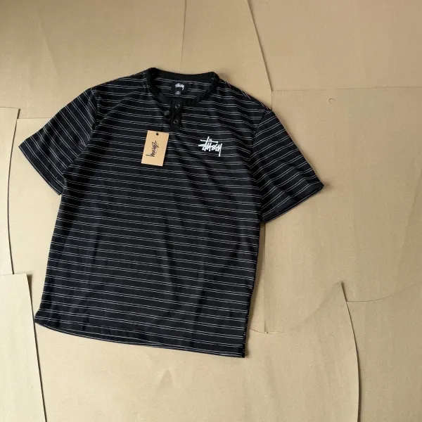 Stussy Striped Henley T-Shirt Black Tops - 1