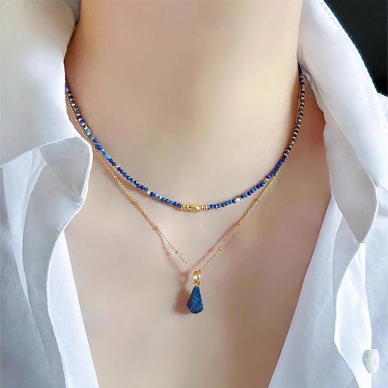 Lapis Lazuli Beaded Layered Necklace Blue Gold-Tone Bohemian