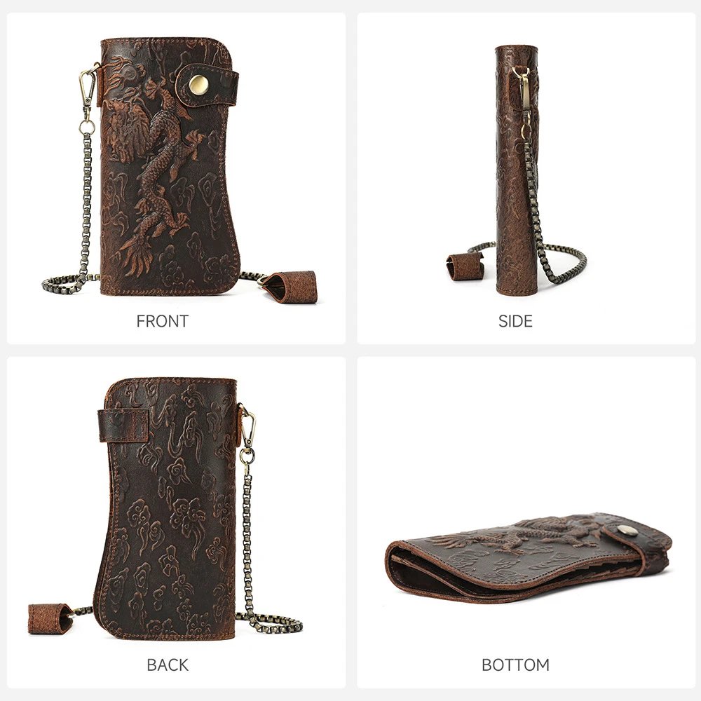 Leather Dragon Embossed Brown Chain Wallet Biker Style