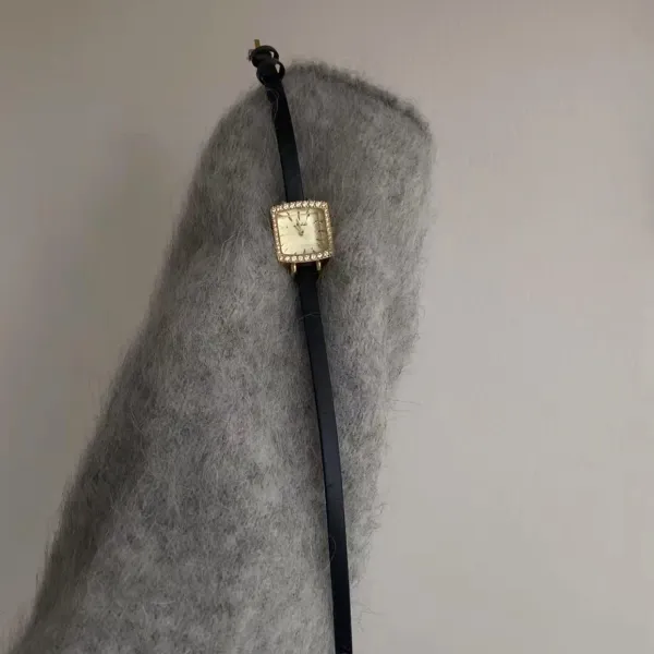 Design Square Dial Crystal-Embellished Watch Black Leather Strap Watch Watches - 1