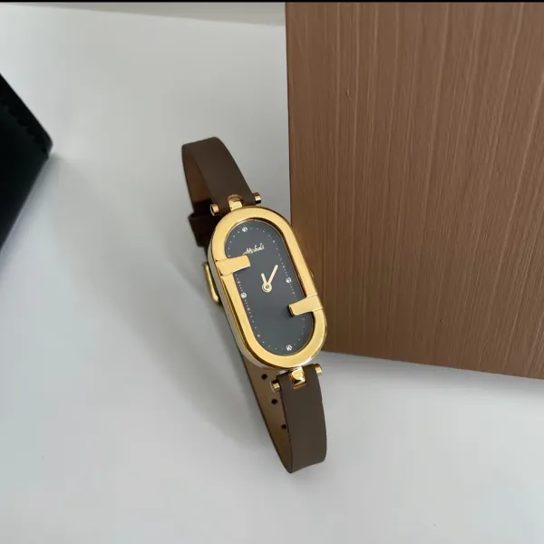 Design Mishali Oval Dial Gold-Tone Watch with Brown Leather Strap Watches - 1