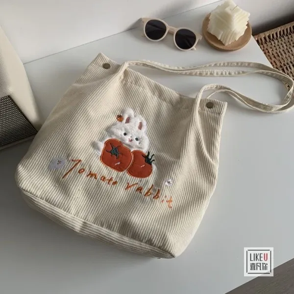 Design Tomato Rabbit Corduroy Tote Bag Beige - 12