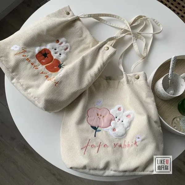 Design Tomato Rabbit Corduroy Tote Bag Beige - 18