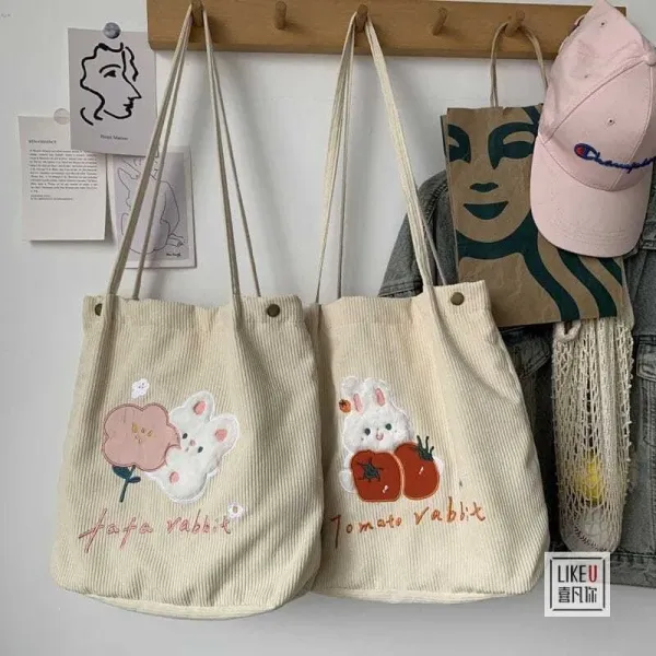 Design Tomato Rabbit Corduroy Tote Bag Beige - 32